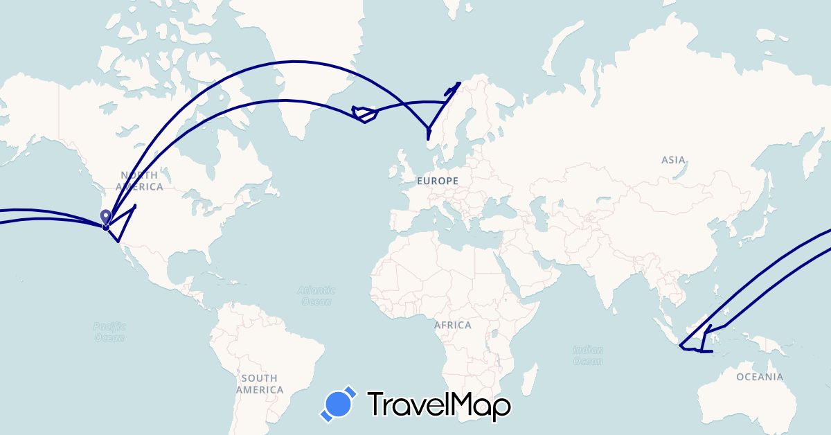 TravelMap itinerary: driving in Indonesia, Iceland, Norway, United States (Asia, Europe, North America)